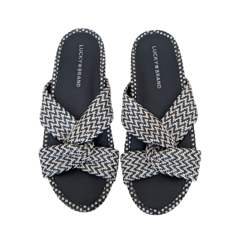 Lucky Brand Fynna Woven Slide Sandals Size 8.5M Black and White Summer Casual